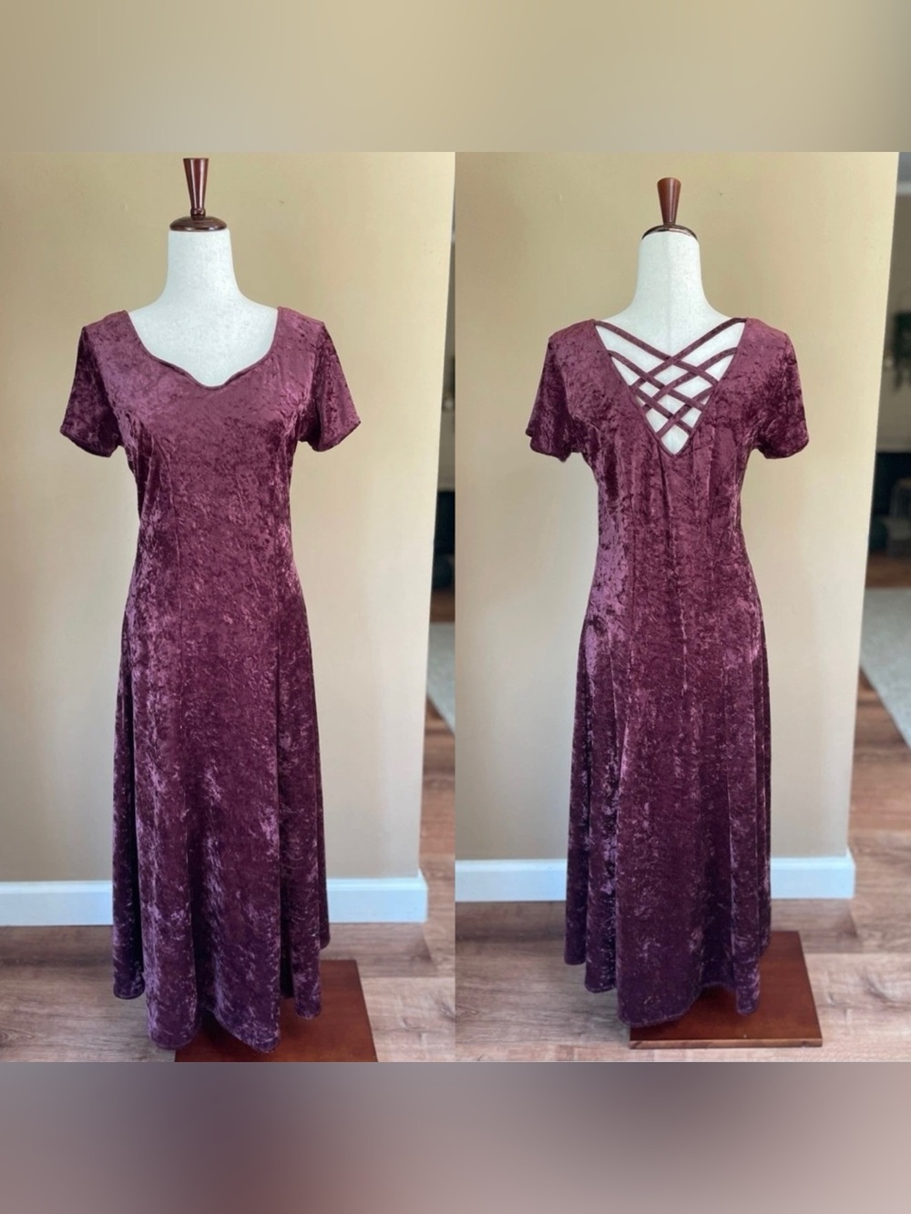 VTG 90s Y2K Crushed Velvet Maxi Dress Medium Sweetheart Regency Purple Open Back